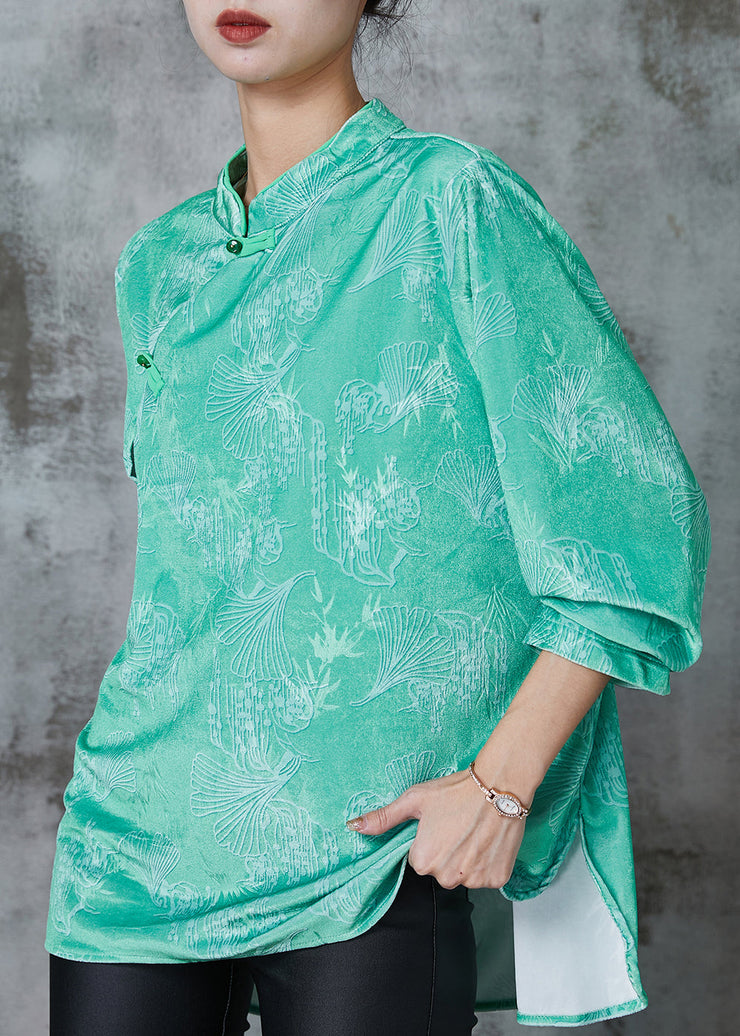 Chinese Style Green Jacquard Silk Shirt Top Spring