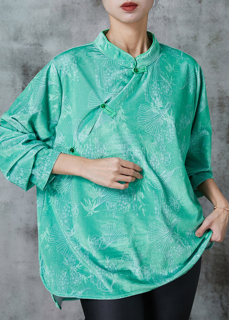 Chinese Style Green Jacquard Silk Shirt Top Spring