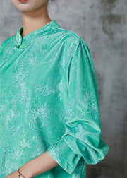 Chinese Style Green Jacquard Silk Shirt Top Spring