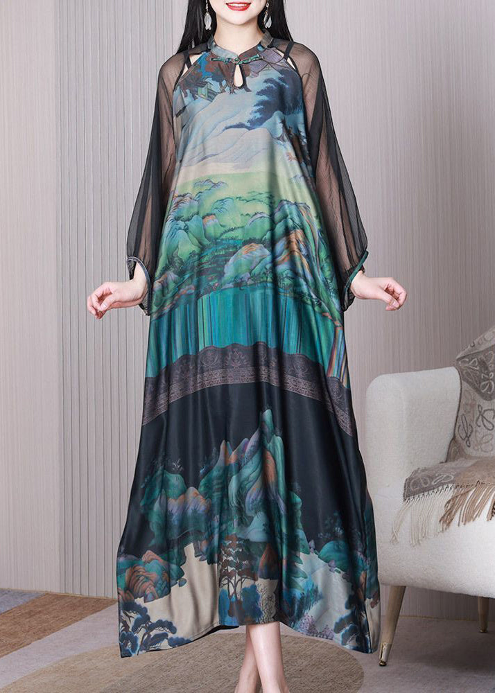 Chinese Style Green Mandarin Collar Print Hollow Out Silk Dresses Summer