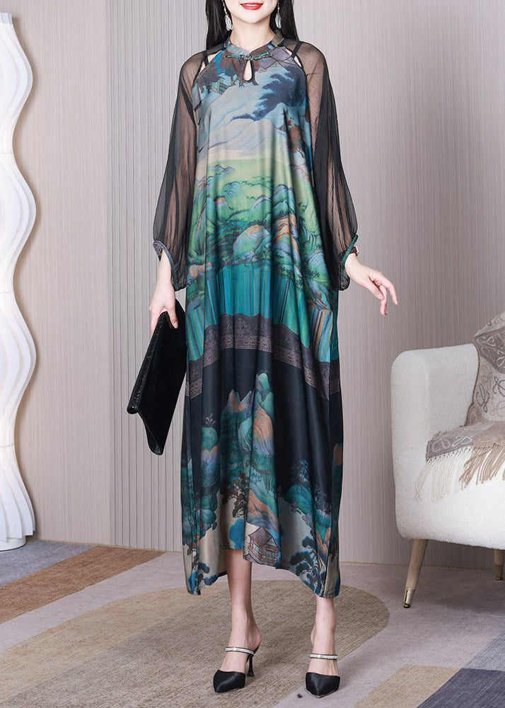 Chinese Style Green Mandarin Collar Print Hollow Out Silk Dresses Summer