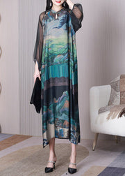 Chinese Style Green Mandarin Collar Print Hollow Out Silk Dresses Summer