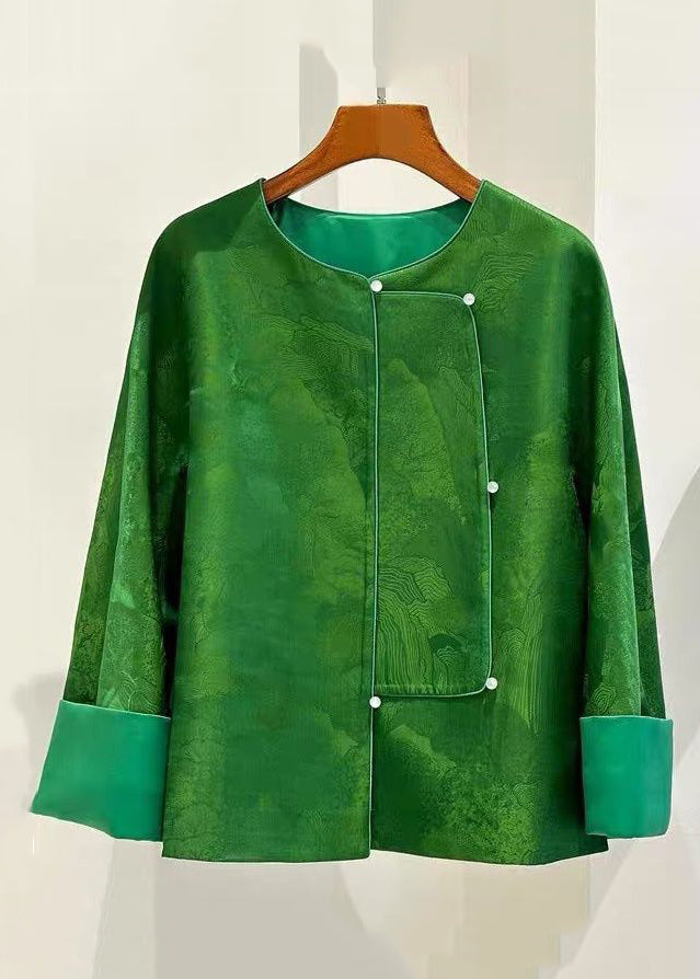 Chinese Style Green O Neck Button Silk Coats Long Sleeve
