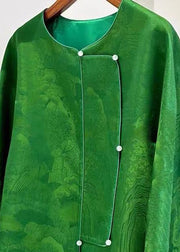 Chinese Style Green O Neck Button Silk Coats Long Sleeve