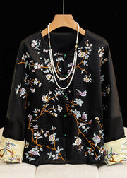 Chinese Style Black Flowers O-Neck Embroidered Silk Coats Fall