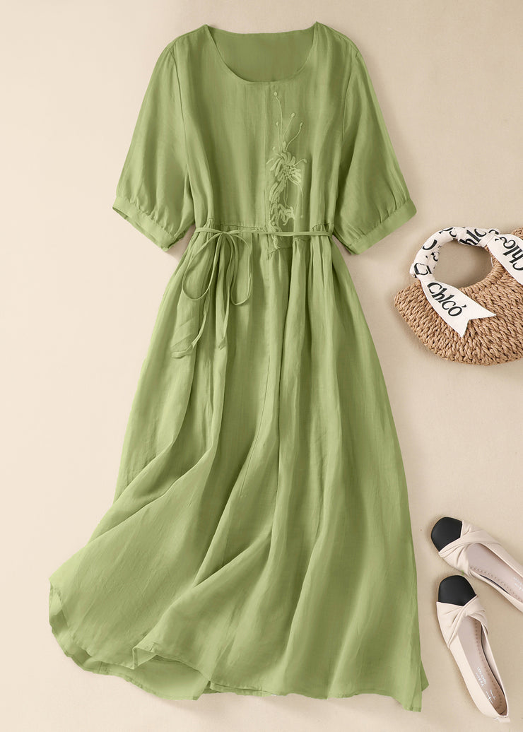 Chinese Style Green O-Neck Embroidered Tie Waist Cotton Dresses Summer