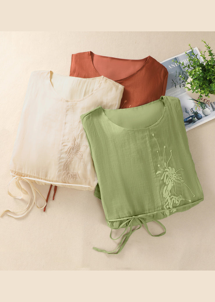 Chinese Style Green O-Neck Embroidered Tie Waist Cotton Dresses Summer