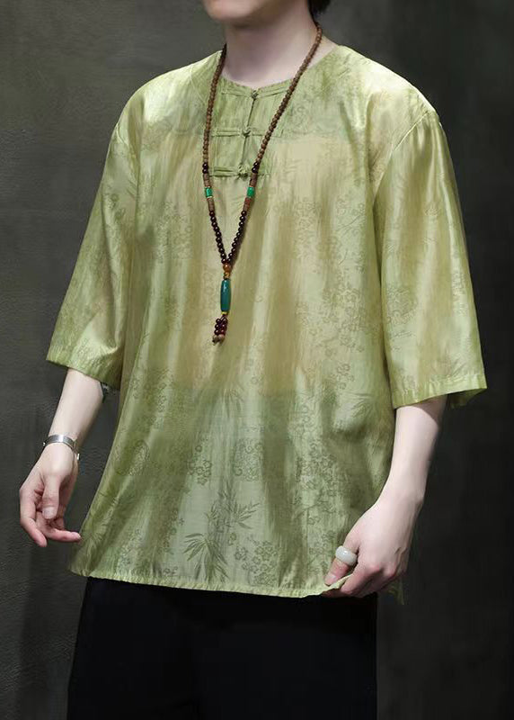 Chinese Style Green O Neck Print Button Ice Silk T Shirts Summer