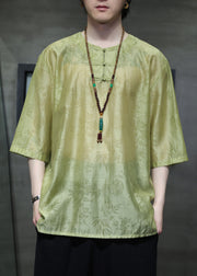 Chinese Style Green O Neck Print Button Ice Silk T Shirts Summer