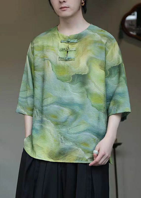 Chinese Style Green O Neck Print Ice Silk Mens T Shirts Summer