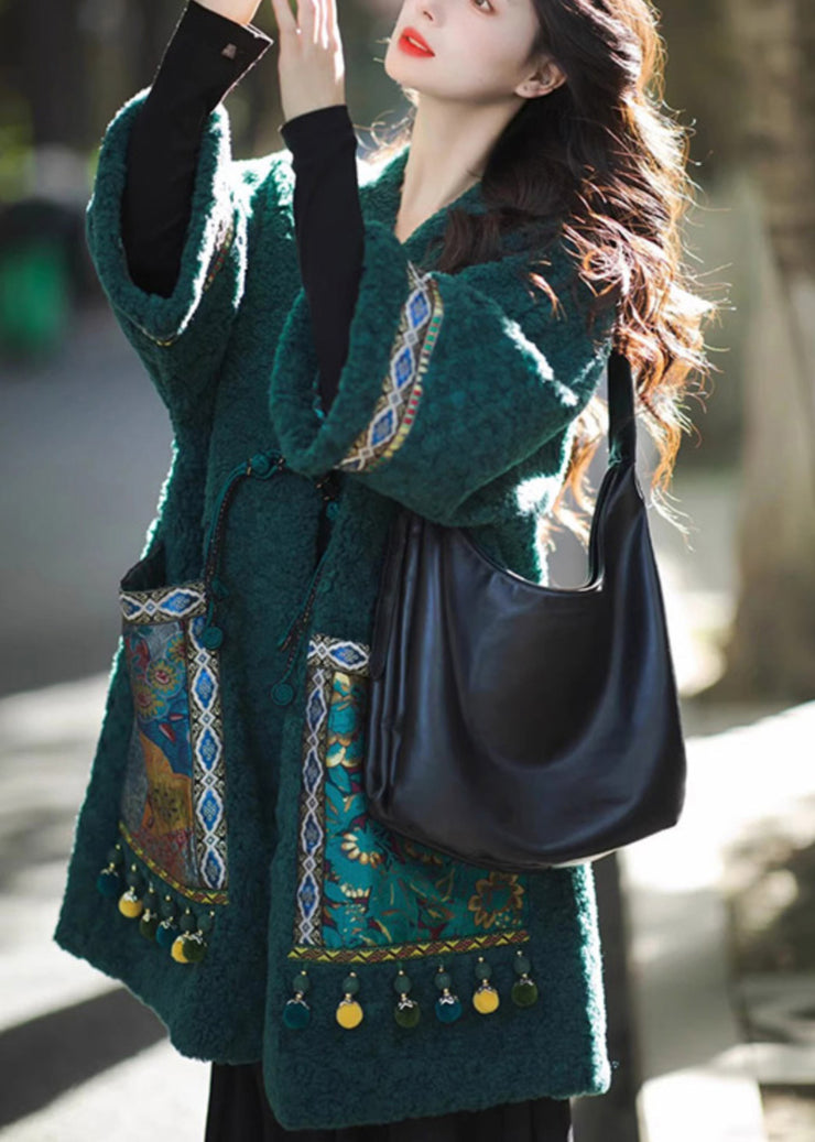 Chinese Style Green Pockets Oriental Button Patchwork Faux Fur Coat Winter