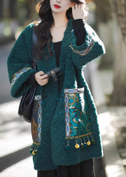 Chinese Style Green Pockets Oriental Button Patchwork Faux Fur Coat Winter