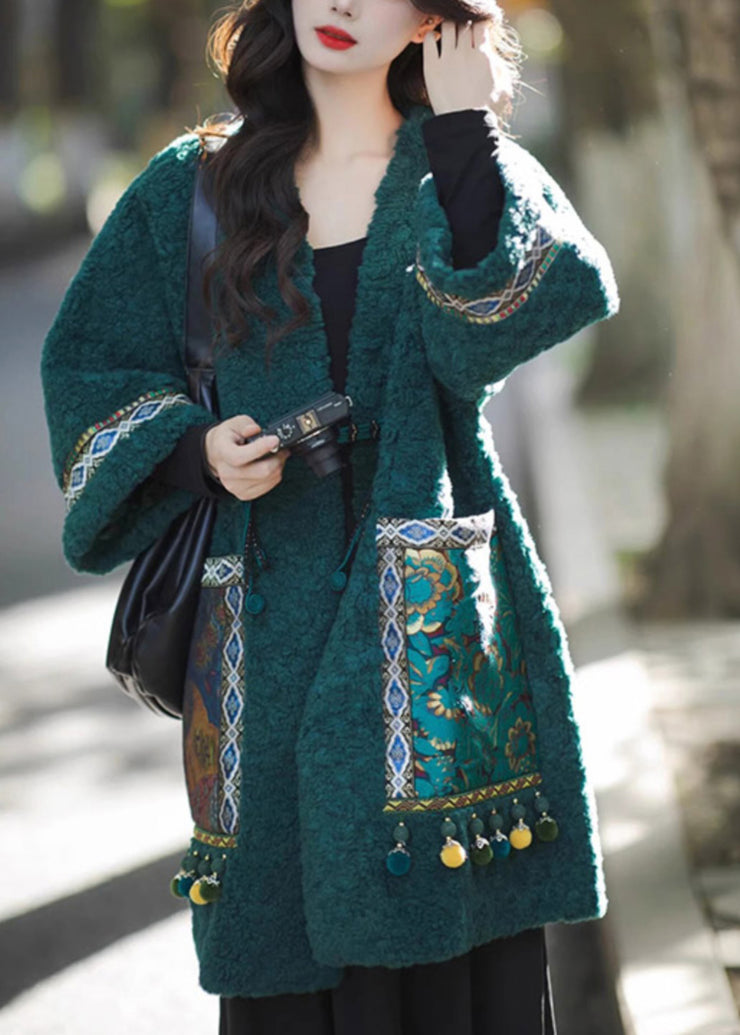 Chinese Style Green Pockets Oriental Button Patchwork Faux Fur Coat Winter