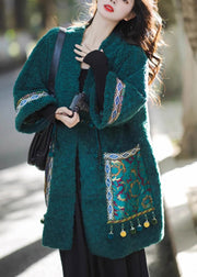 Chinese Style Green Pockets Oriental Button Patchwork Faux Fur Coat Winter