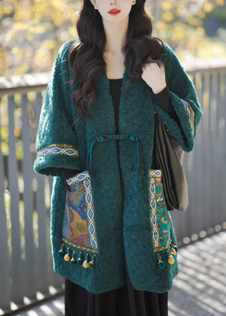 Chinese Style Green Pockets Oriental Button Patchwork Faux Fur Coat Winter