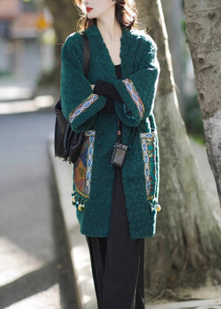 Chinese Style Green Pockets Oriental Button Patchwork Faux Fur Coat Winter