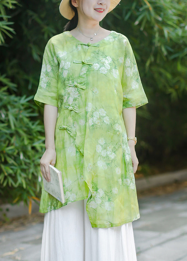 Chinese Style Green Print Asymmetrical Button Linen Shirt Summer