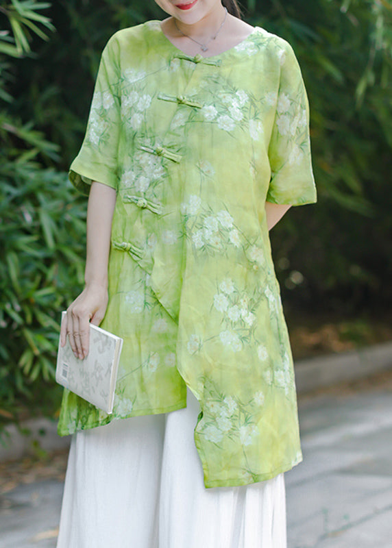 Chinese Style Green Print Asymmetrical Button Linen Shirt Summer