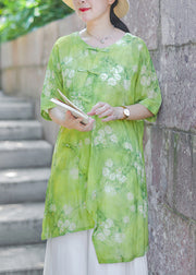 Chinese Style Green Print Asymmetrical Button Linen Shirt Summer