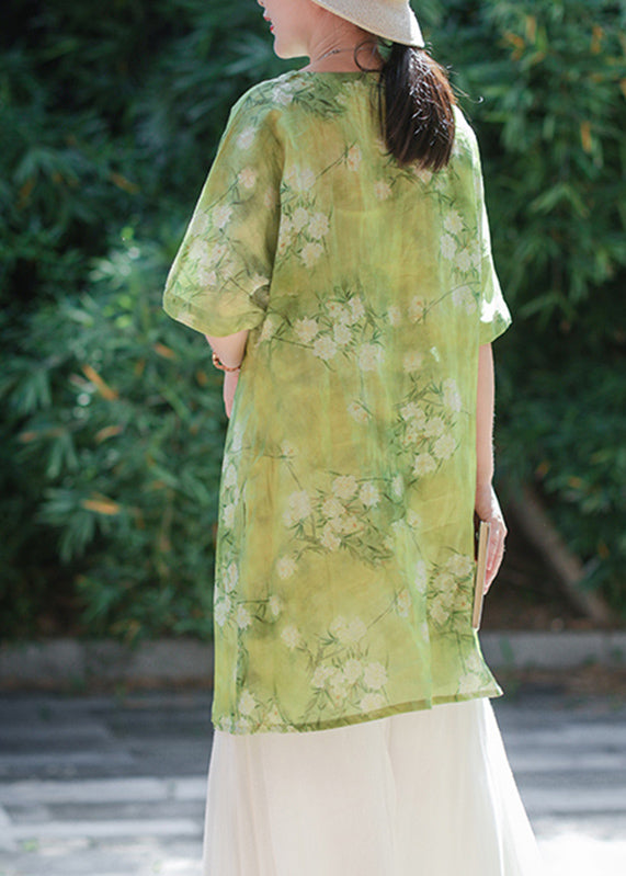 Chinese Style Green Print Asymmetrical Button Linen Shirt Summer