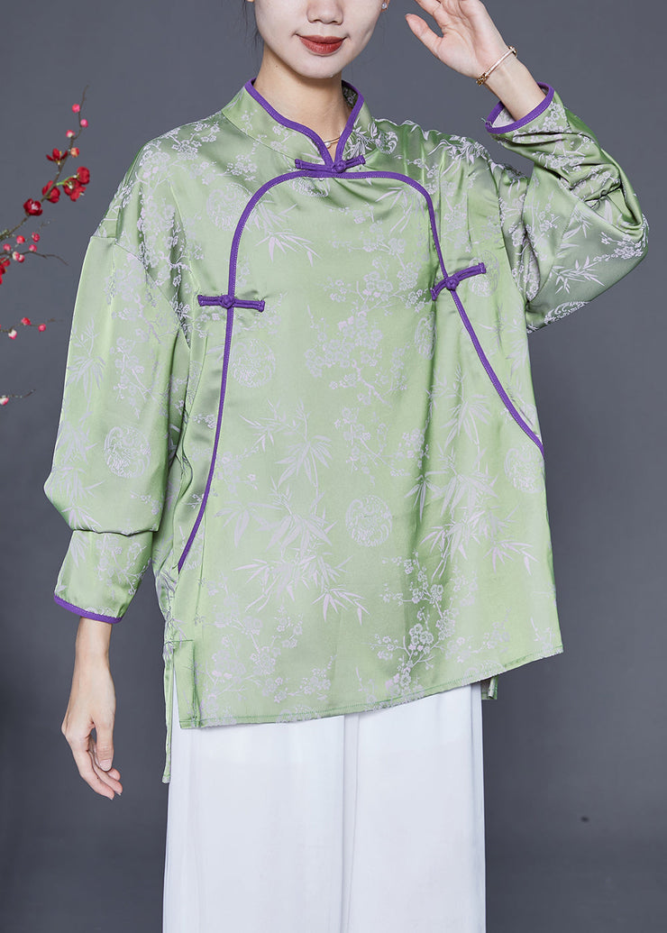 Chinese Style Green Print Chinese Button Silk Shirts Spring