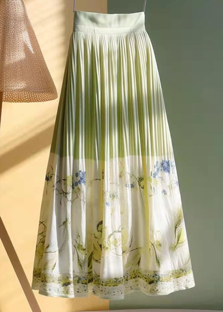 Chinese Style Green Print High Waist Cotton Pleated Skirt Spring