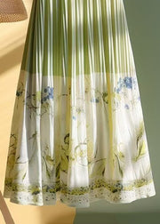 Chinese Style Green Print High Waist Cotton Pleated Skirt Spring