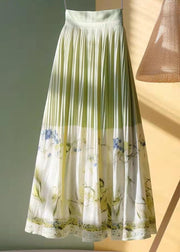 Chinese Style Green Print High Waist Cotton Pleated Skirt Spring