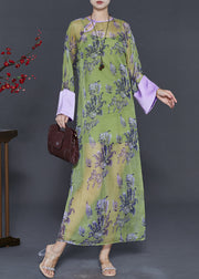 Chinese Style Green Print Silk Cheongsam Dress Summer