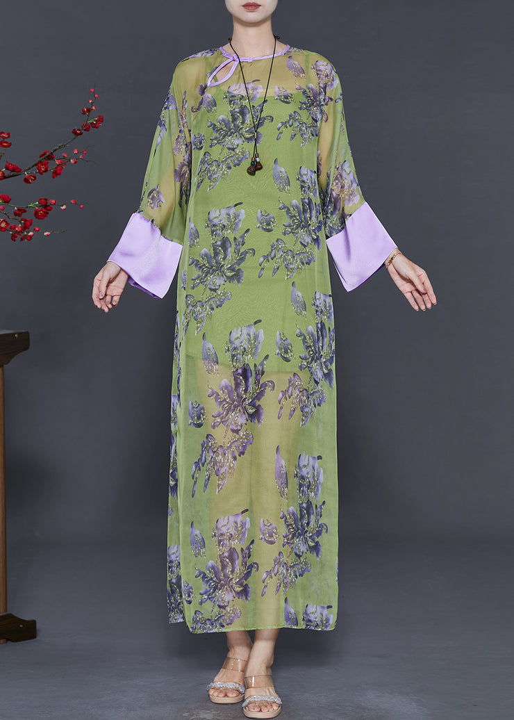 Chinese Style Green Print Silk Cheongsam Dress Summer