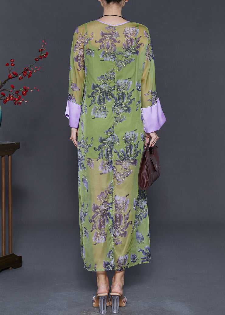 Chinese Style Green Print Silk Cheongsam Dress Summer