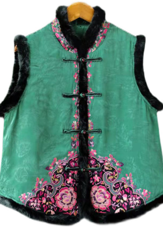 Chinese Style Green Rabbit Hair Collar Embroideried Floral Thick Cotton Waistcoat Sleeveless