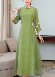 Chinese Style Green Ruffled Embroideried Patchwork Chiffon Dresses Bracelet Sleeve