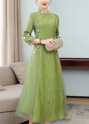 Chinese Style Green Ruffled Embroideried Patchwork Chiffon Dresses Bracelet Sleeve