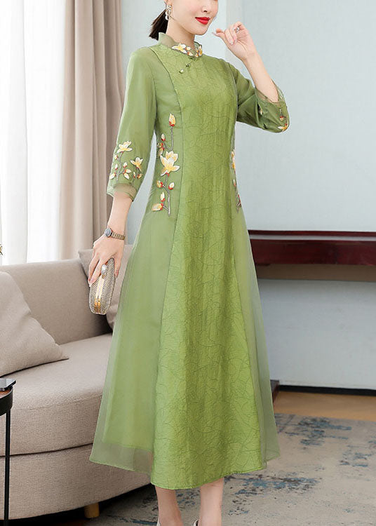 Chinese Style Green Ruffled Embroideried Patchwork Chiffon Dresses Bracelet Sleeve