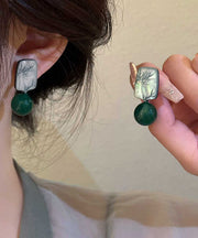 Chinese Style Green Square Sterling Silver Agate Bamboo Leaves Drop Earrings