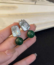 Chinese Style Green Square Sterling Silver Agate Bamboo Leaves Drop Earrings