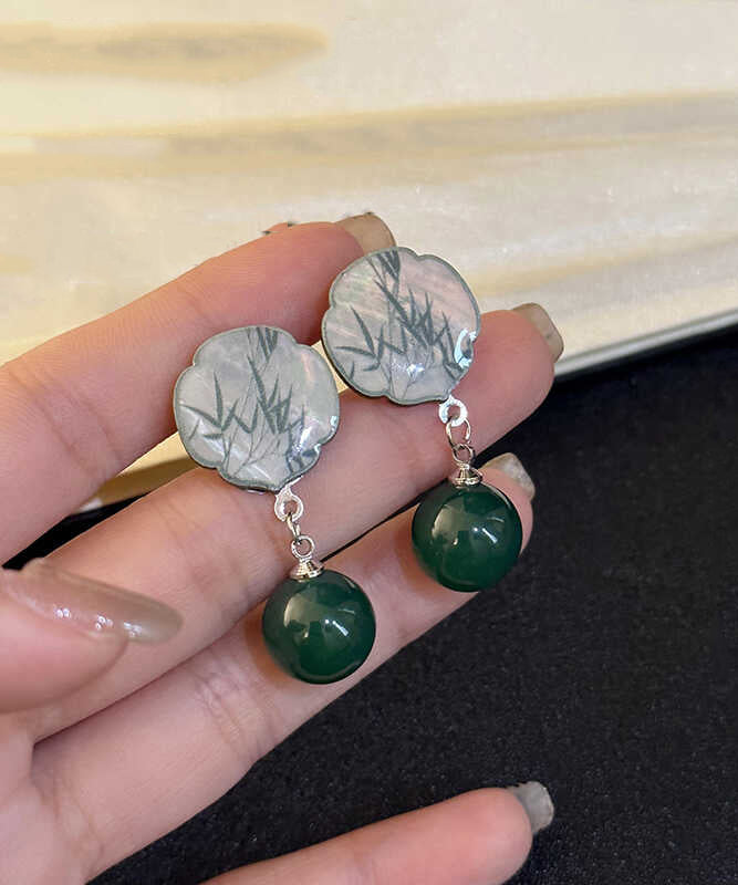 Chinese Style Green Square Sterling Silver Agate Bamboo Leaves Drop Earrings