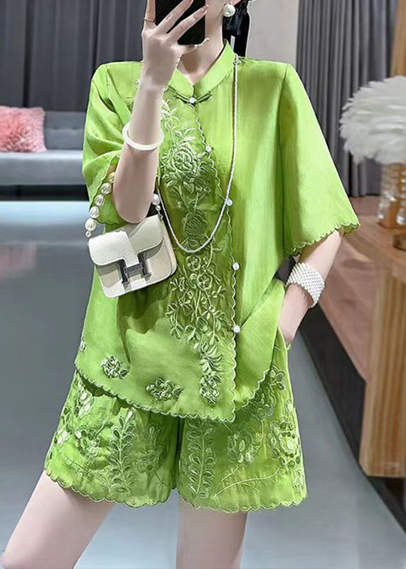 Chinese Style Green Stand Collar Embroidered Floral Shirts And Shorts Two Piece Set Short Sleeve