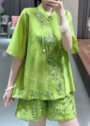 Chinese Style Green Stand Collar Embroidered Floral Shirts And Shorts Two Piece Set Short Sleeve