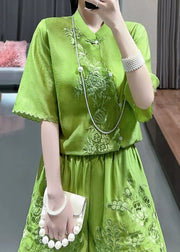 Chinese Style Green Stand Collar Embroidered Floral Shirts And Shorts Two Piece Set Short Sleeve