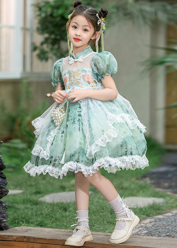 Chinese Style Green Stand Collar Embroideried Lace Patchwork Tulle Kids Long Dresses Short Sleeve