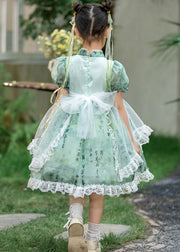 Chinese Style Green Stand Collar Embroideried Lace Patchwork Tulle Kids Long Dresses Short Sleeve