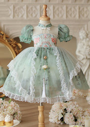 Chinese Style Green Stand Collar Embroideried Nail Bead Tulle Kids Long Dress Short Sleeve