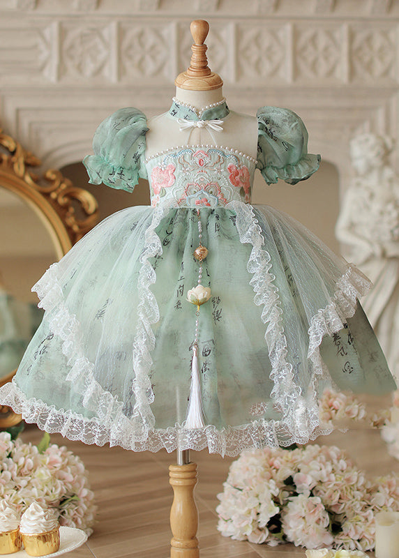 Chinese Style Green Stand Collar Embroideried Nail Bead Tulle Kids Long Dress Short Sleeve