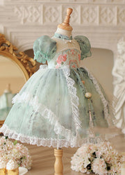 Chinese Style Green Stand Collar Embroideried Nail Bead Tulle Kids Long Dress Short Sleeve