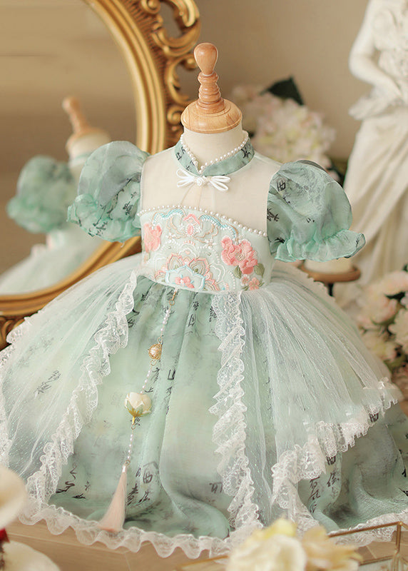 Chinese Style Green Stand Collar Embroideried Nail Bead Tulle Kids Long Dress Short Sleeve