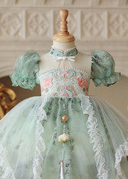 Chinese Style Green Stand Collar Embroideried Nail Bead Tulle Kids Long Dress Short Sleeve