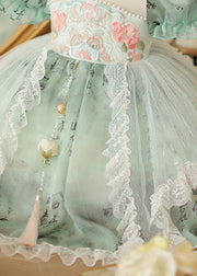 Chinese Style Green Stand Collar Embroideried Nail Bead Tulle Kids Long Dress Short Sleeve