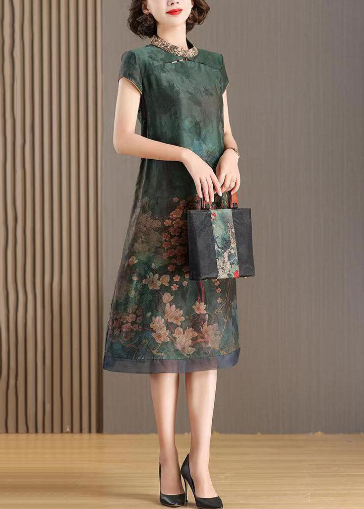 Chinese Style Green Stand Collar Embroideried Patchwork Silk Dresses Summer